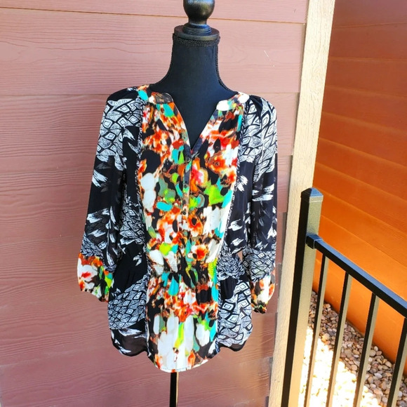 Calvin Klein Multi-Color Blouse W/Lining Elastic at Waist Petite S EUC - Picture 1 of 11